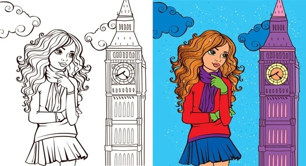 Livro de colorir da menina em Londres —  Vetores de Stock
