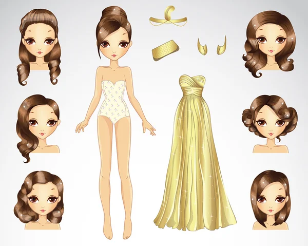 Ensemble de cheveux bruns pour poupée en papier doré — Image vectorielle