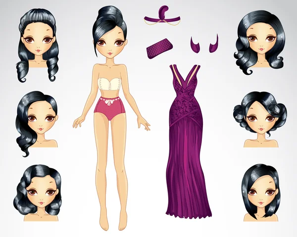 Brunette Hair Set Of Paper Doll — стоковый вектор