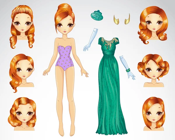 Red Hair Set for Green Paper Doll — стоковый вектор