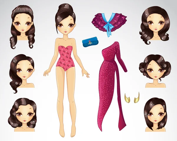 Dark Brown Hair Set for Paper Doll — стоковый вектор