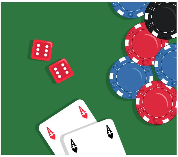 火かき棒のチップ カード 緑の背景にダイス ベクトル ポーカーだ 赤いキューブ チップ — ストックベクタ