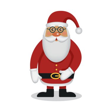 Gözlüklü Noel Baba beyaz arka planda duruyor. Sakallı, yuvarlak olanlardan. Yeni yılın sembolü. Noel sembolü. Vektör