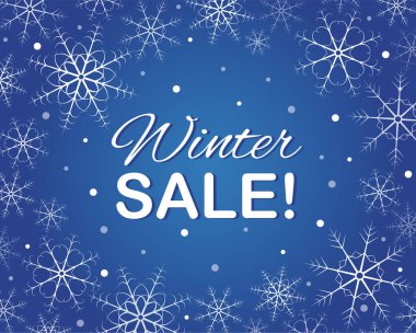 Mavi arka planda yazıt kış indirimi. Kar taneleri. Vektör. Pankart. Fiyat listesi