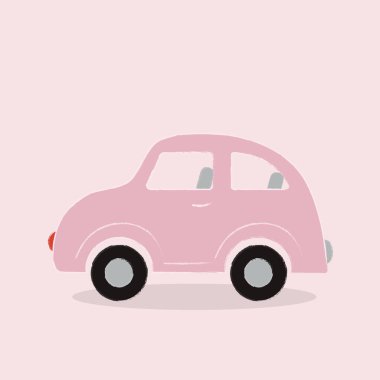 Pembe arka planda küçük pembe bir retro daktilo. Yalıtımlı makine. Pembe araba. Retro araba. Profildeki araba.