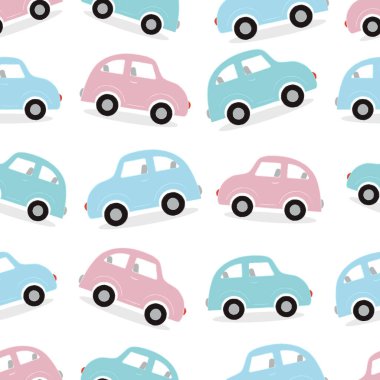 Beyaz arka planda küçük araba deseni. Kusursuz desen. Pastel arabalar. Vektör. Şablon. Geçmişi. Pankart.