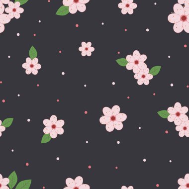 Vektör deseni. Koyu arkaplanda yaprakları olan kiraz çiçekleri. Paketleme, poster, kartpostal, kıyafet tasarımı.