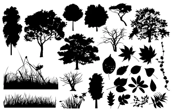 Verzameling van bomen, planten, natuur silhouetten — Stockvector