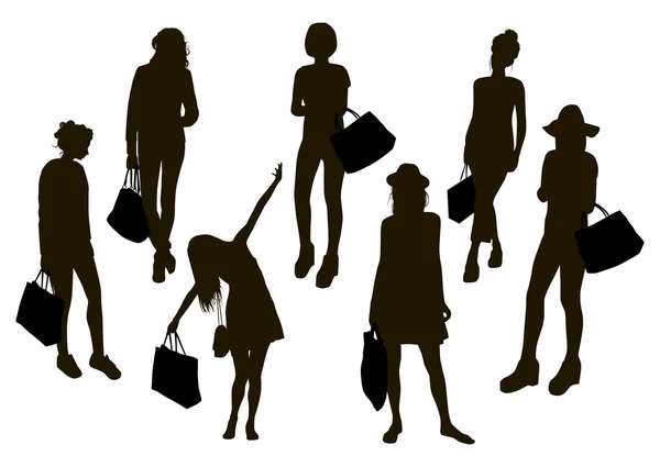 Ensemble Silhouettes Shopping Femme — Image vectorielle