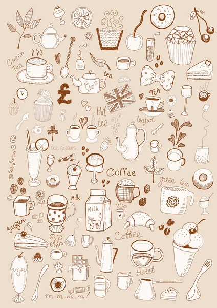 Iconos de té y postres — Vector de stock