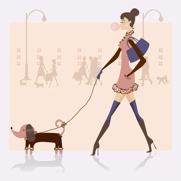 Fille avec chien sur la scène urbaine — Image vectorielle