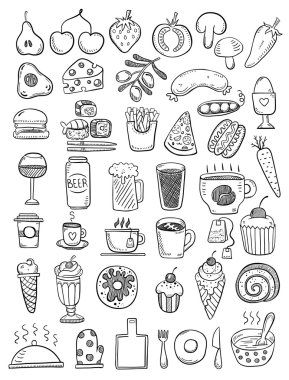 Siyah elle çizilmiş gıda nesneleri