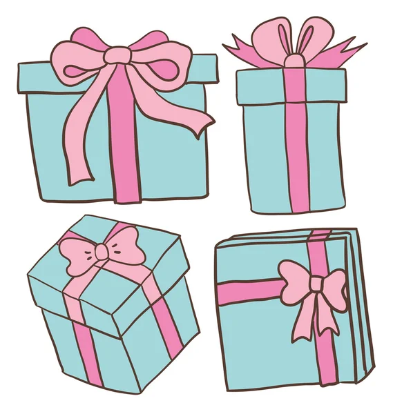 Cajas de regalo azules con cintas rosas — Vector de stock