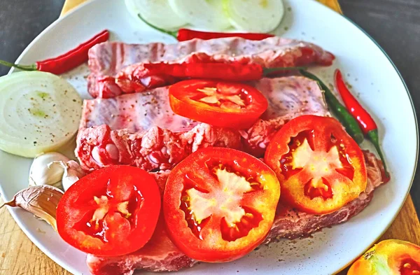 Ingredientes Para Plato Festivo Costillas Con Verduras Especias Tomates Cebollas — Foto de Stock