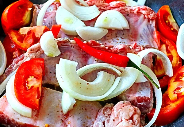 Ingredienti Piatto Festivo Costolette Con Verdure Spezie Pomodori Cipolle Peperoni — Foto Stock