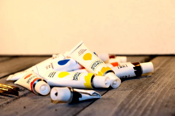 Tubes Paint Table Gray Wooden Background — Stock Photo, Image