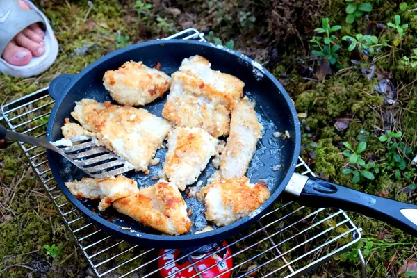 Kemping Przyrodzie Grillowane Jedzenie Lesie Nad Jeziorem — Zdjęcie stockowe