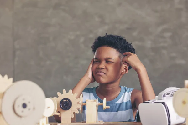 African Black Boy Thinking Contemplating Design Looking Out Having Simulation — 图库照片