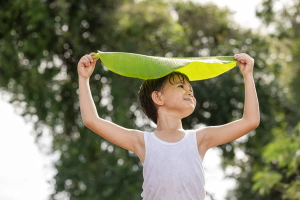 Junge Lächelt Hat Spaß Und Steht Mit Blatt Auf Dem — Stockfoto