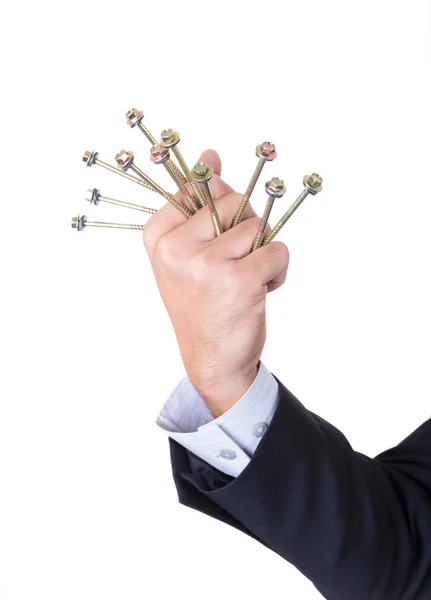 Fist and screws on hand of businessman — Stock Photo, Image