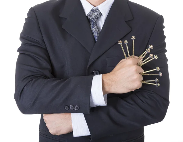 Fist and screws on hand of businessman — Stock Photo, Image