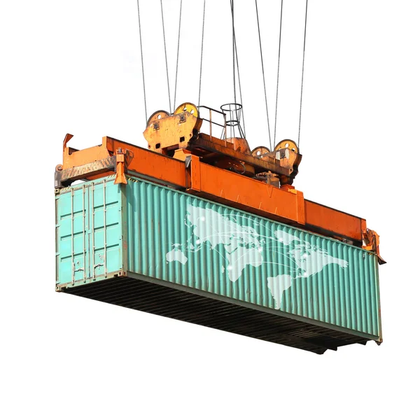 Caja de contenedores de carga de grúa grande con mapa del mundo en la caja — Foto de Stock