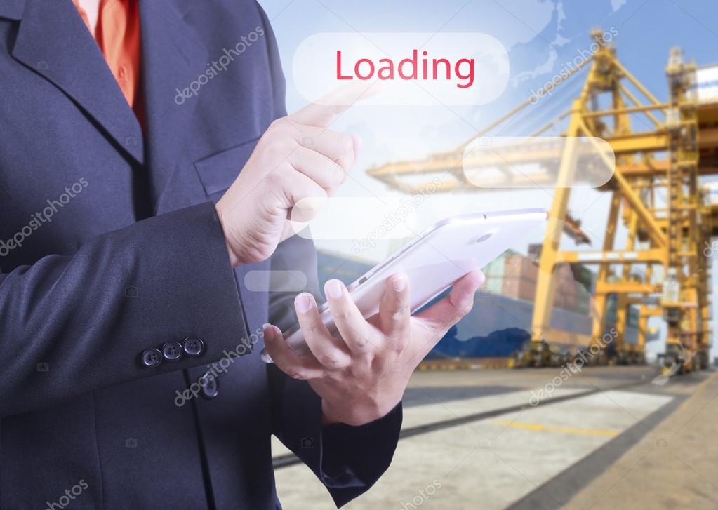 businessman holding a tablet with loading bar on the screen