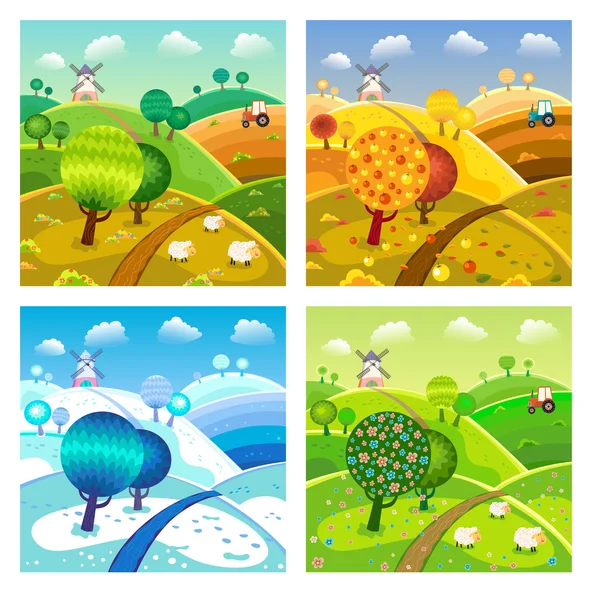 Village landscape. Four seasons. — Stock Vector