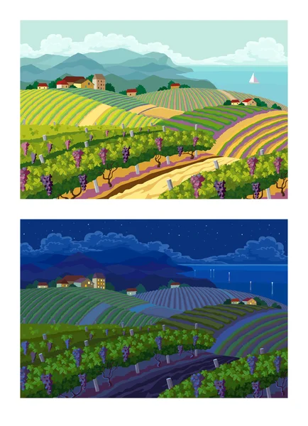 Rural landscapes. Day and night. — Stock Vector