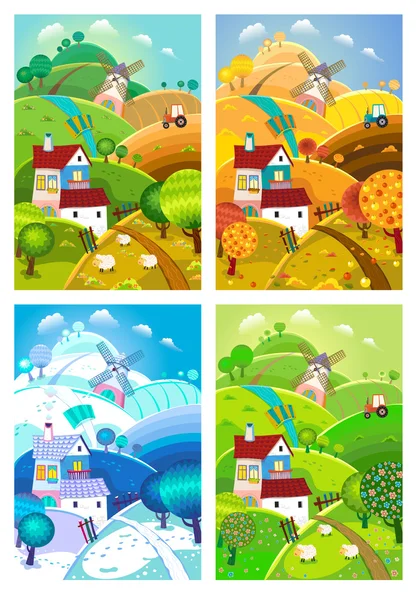 Rural landscape. Four seasons. — Stock Vector