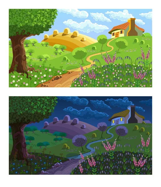 Rural landscape. Day and night. — Stock Vector