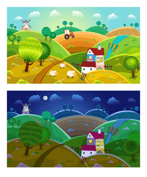 Rural landscape. Day and night. — Stock Vector