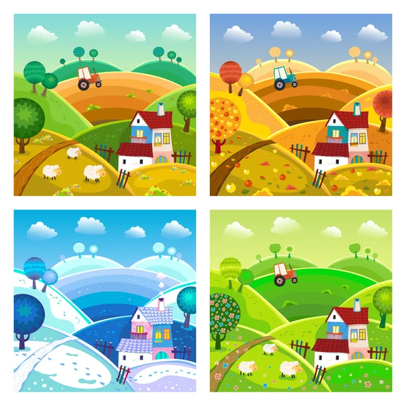 Paisaje rural. Cuatro estaciones . — Vector de stock