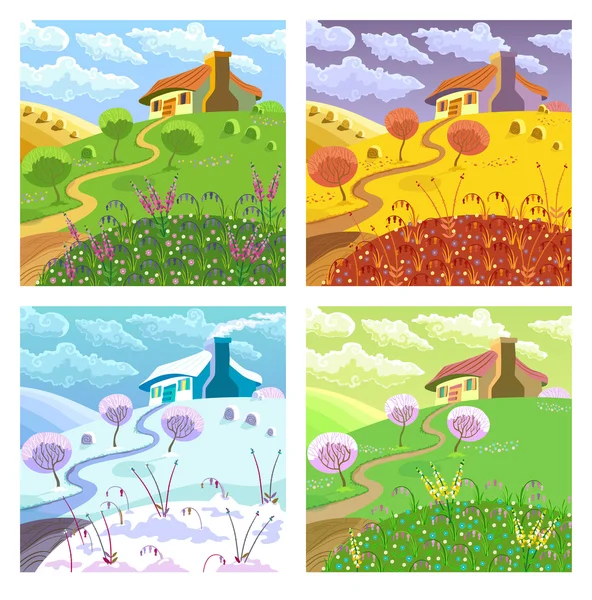 Rural landscape. Four seasons. — Stock Vector