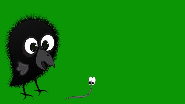 Animation little crow catches up with a worm. Green background.