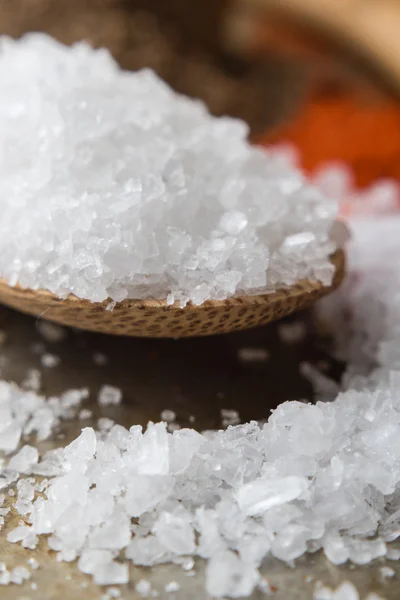 Sea salt on wooden spoon — Stock Photo, Image