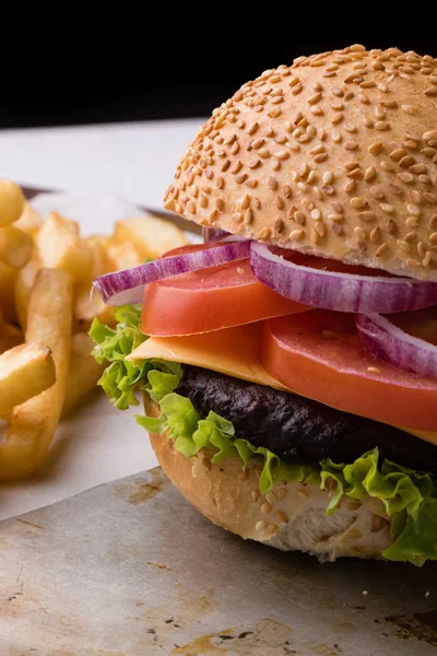 Hamburger on steel plate with fries — Stock Photo, Image