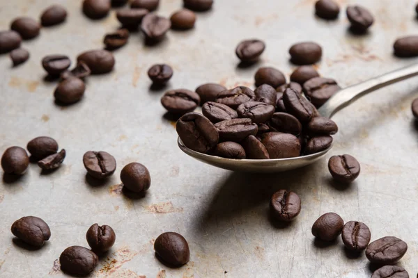 Coffee beans on spoon — Stock Photo, Image