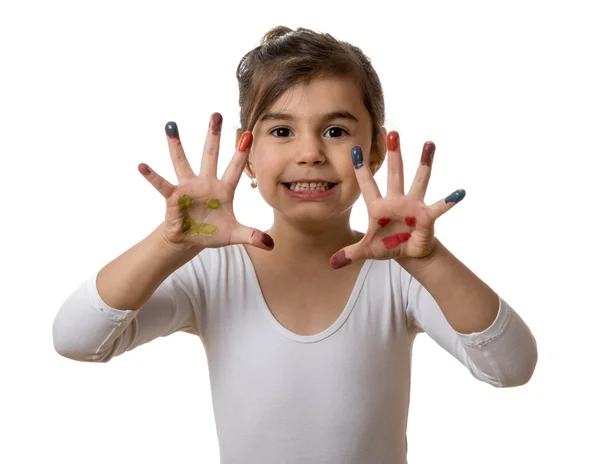 Portrait of a cute cheerful girl showing her painted hands — Stock Photo, Image