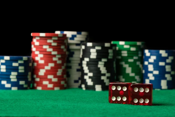 Red dices and poker chips — Stock Photo, Image