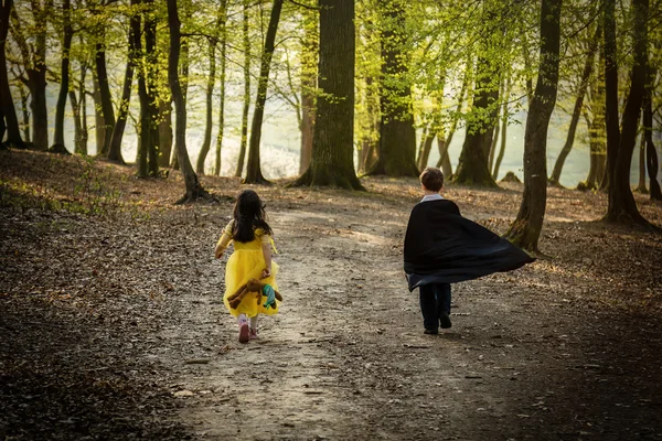 Pojke med cape och flicka i prinsessa klä — Stockfoto