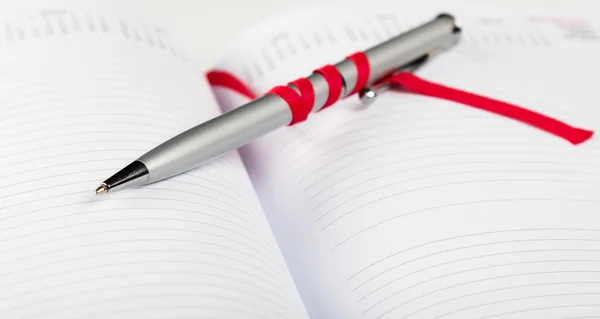 Pero na notebook s červeným řetězec — Stock fotografie