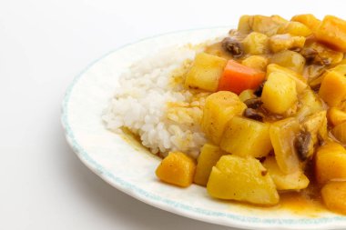 Pirinç üzerine köri. Domuz eti ve sebzeli köri. Hint kültürü ve yemeği