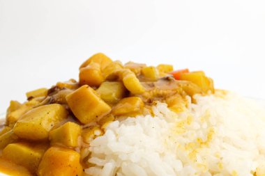 Pirinç üzerine köri. Domuz eti ve sebzeli köri. Hint kültürü ve yemeği