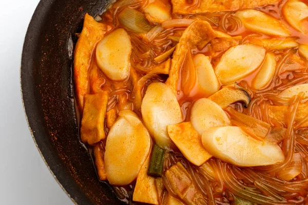 Popular food in Korea. Spicy korean food. Dishes with vegetables and rice cakes