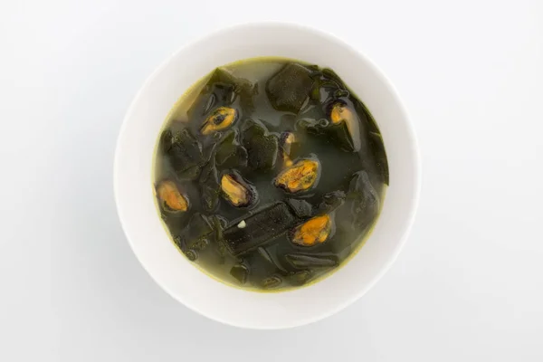 Seafood Soup Cooking Mussels Seaweed Cooking Clear Soup — Stock Photo, Image