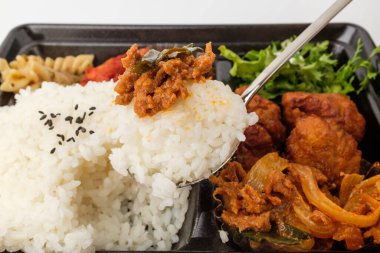 Et ve pirinçli yemek. Kore mezesi. Basit yemek.