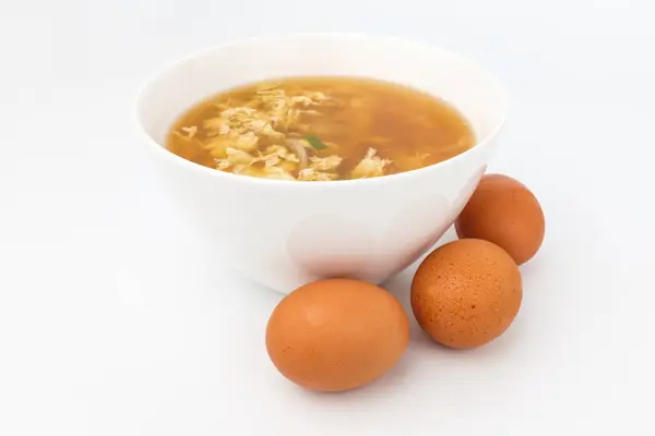 Soup Egg Vegetables Dish Green Onions Onions Eggs Hot Soup — Foto Stock