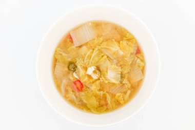 Çin lahanası ve miso içeren yemek. Tuzlu çorba. Pirinçle yemek yapmak