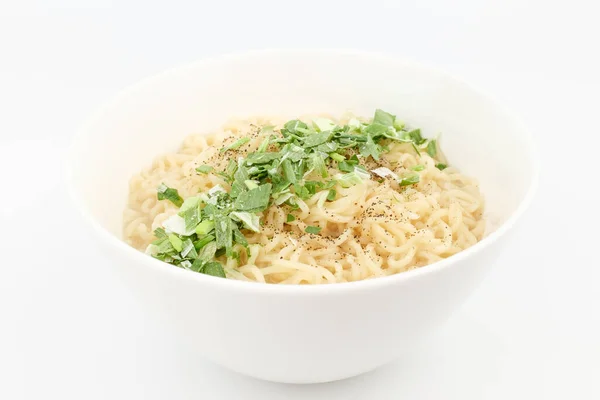 Instant Noodles White Soup Meaty Broth Savory Noodles Dish Green — Stock Photo, Image